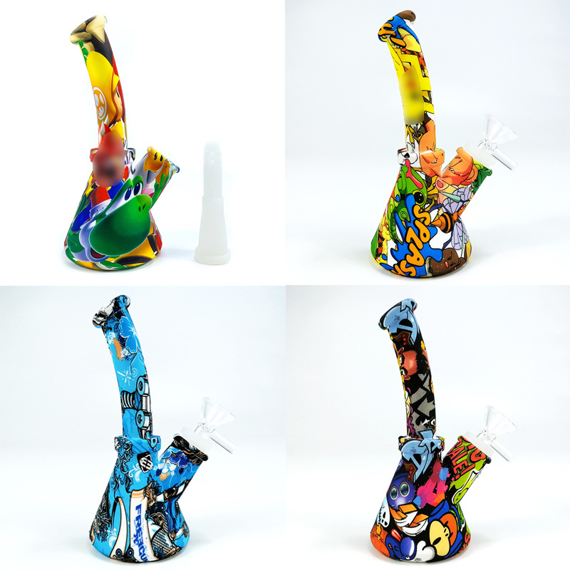 

Silicone Bong 6.4 Inch Beaker Base Water Pipes Cartoon Printing 14mm Female Unbreakable Bongs With Silicone Downstem & Glass Bowl Smoking