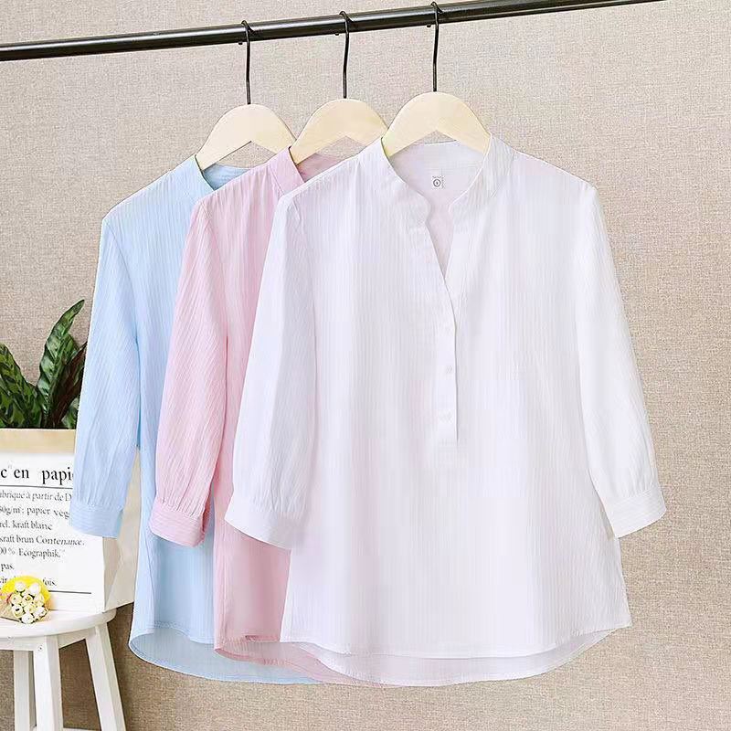 

2021 New Summer Womens Blouse 95% Cotton Stand Collar Half A Cardigan Blouse White Business Shirts Loose Pullover Shirt Female
