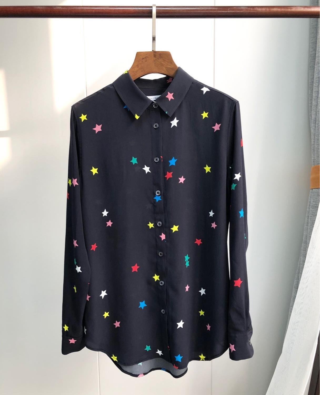 

2021 New Camisa Blusa Seda Manga Comprida Impresso De Cinco Estrelas 8dqr, Black