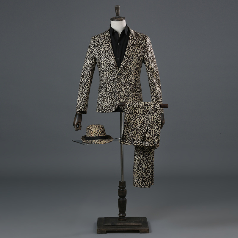 

Mens 2-piece Blazer Leopard Lapel Bar Dj Tuxedo Slim Fit Dinner Jacket & Pants Nightclub Stage Wedding Suit S543