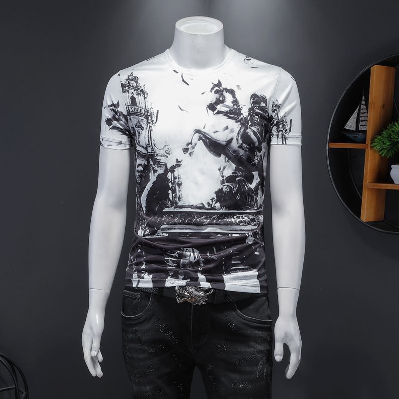 

2021 New Korean Summer t Print Casual Tee Shirt Homme Short Sleeve Slim Fit T-shirt Camisetas Tshirt for Men Wpco, Color