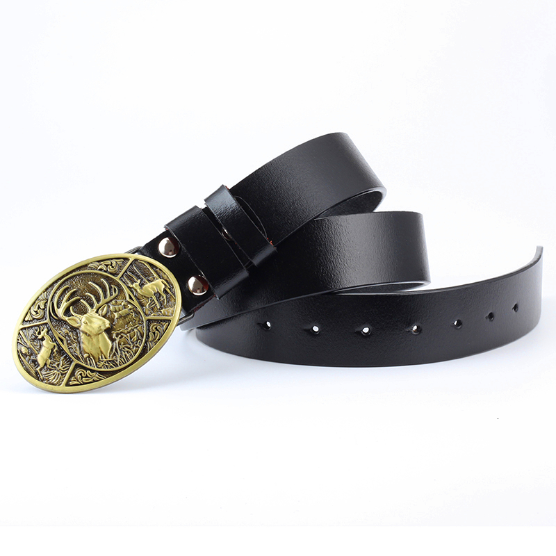 

2021 New Fashion Men Genuine Leather Animal Deer Pattern Elk Buckle Man Belt Cowkin Bzrj, Black