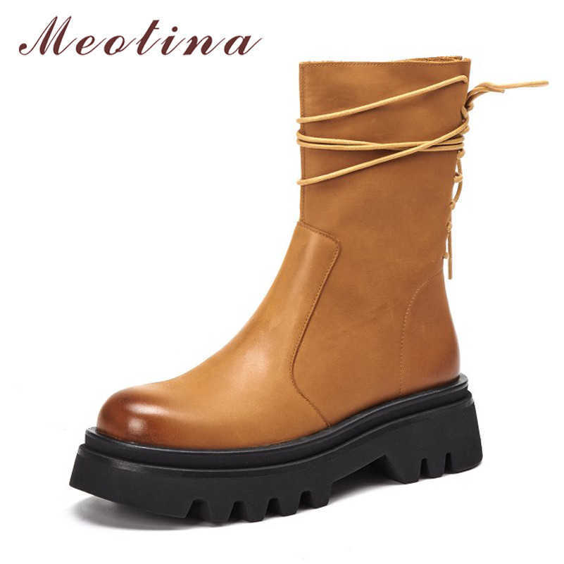 

Meotina Platform High Heel Motorcycle Boots Woman Real Leather Ankle Boots Zip Chunky Heel Short Boots Lace Up Female Shoes 43 210608, Black synthetic lin