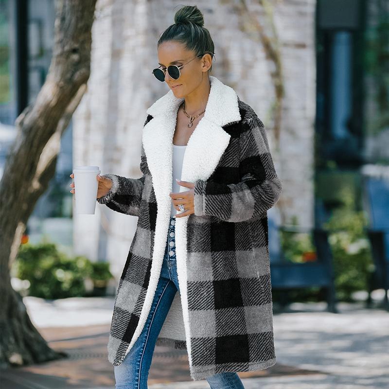 

Women' Wool & Blends Retro Check Coat Winter Casual Jacket 2021 Fashion Lapel Thick Warm Woolen Mid-length, Black