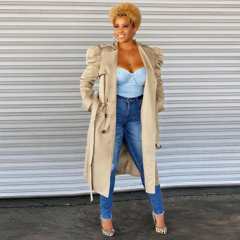 

Women' Trench Coats 2021 Autumn Winter Women Long Coat Casual Puff Sleeve Double Breasted Windbreaker Fashion Female All Match Outwears, Black