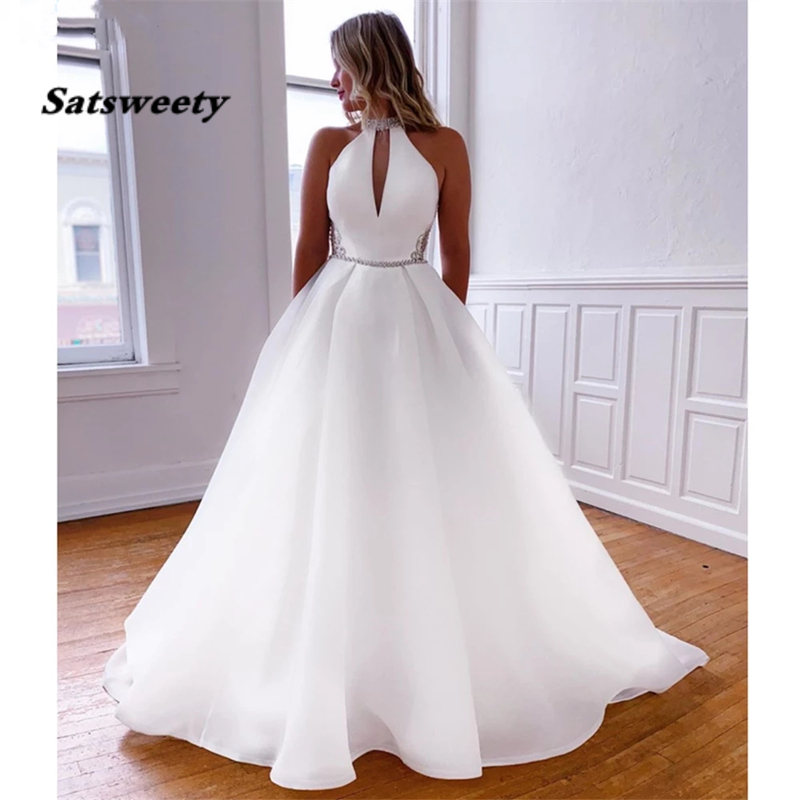 

2023 A Line White Organza Wedding Dresses Simple Heyhole High Neck Crystals Bridal Gowns robe de mariage with Pockets, Champagne