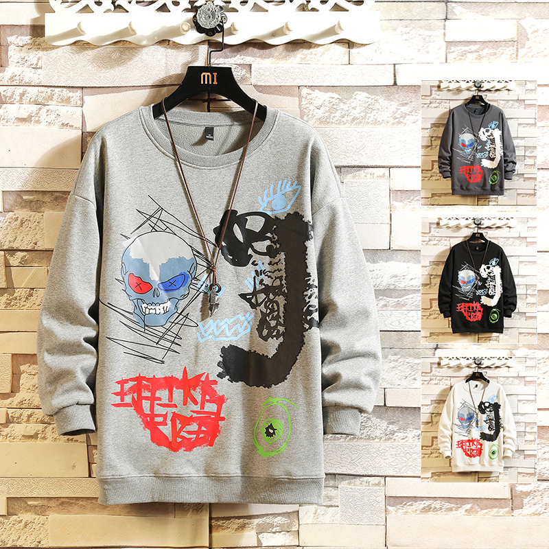 

2021 New Hip Hop Sweatshirt Men Skull Printed Loose Fit Pullover Casual High Street Long Sleeve O-neck Hoodies Fashion Streetwea J4yy, Beige