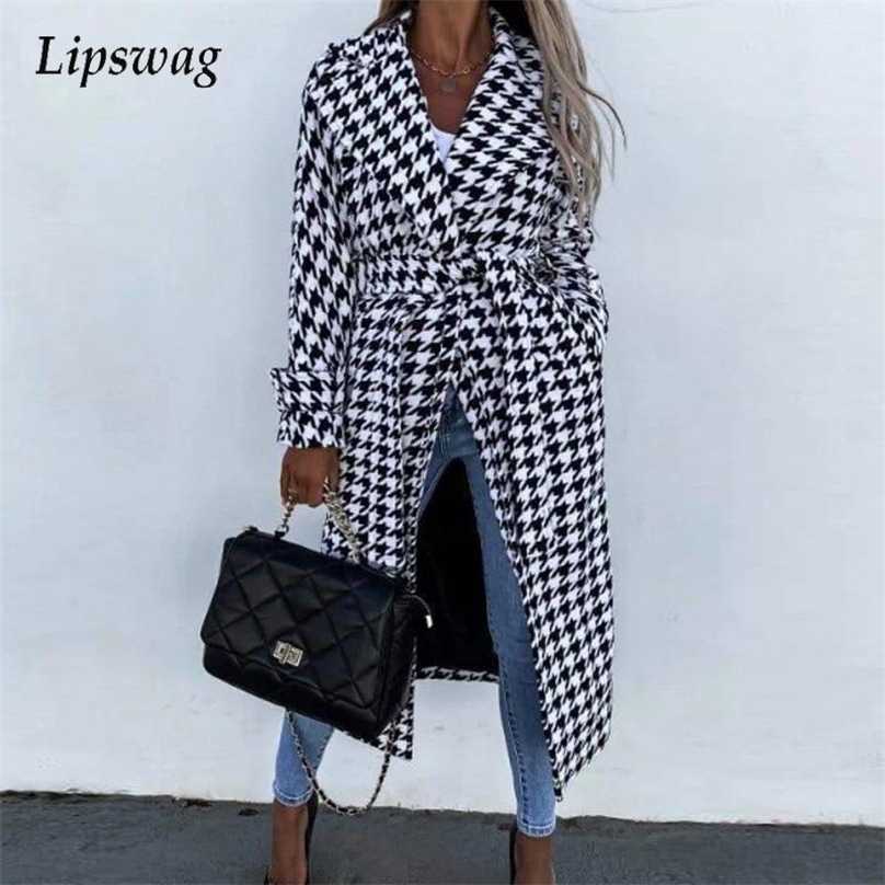 

Retro Long Sleeve Lady Houndstooth Outwear Winter Lapel Casual Loose Coat Autumn Fashion Belted Overcoat Jacket Streetwear 211019, 02 white