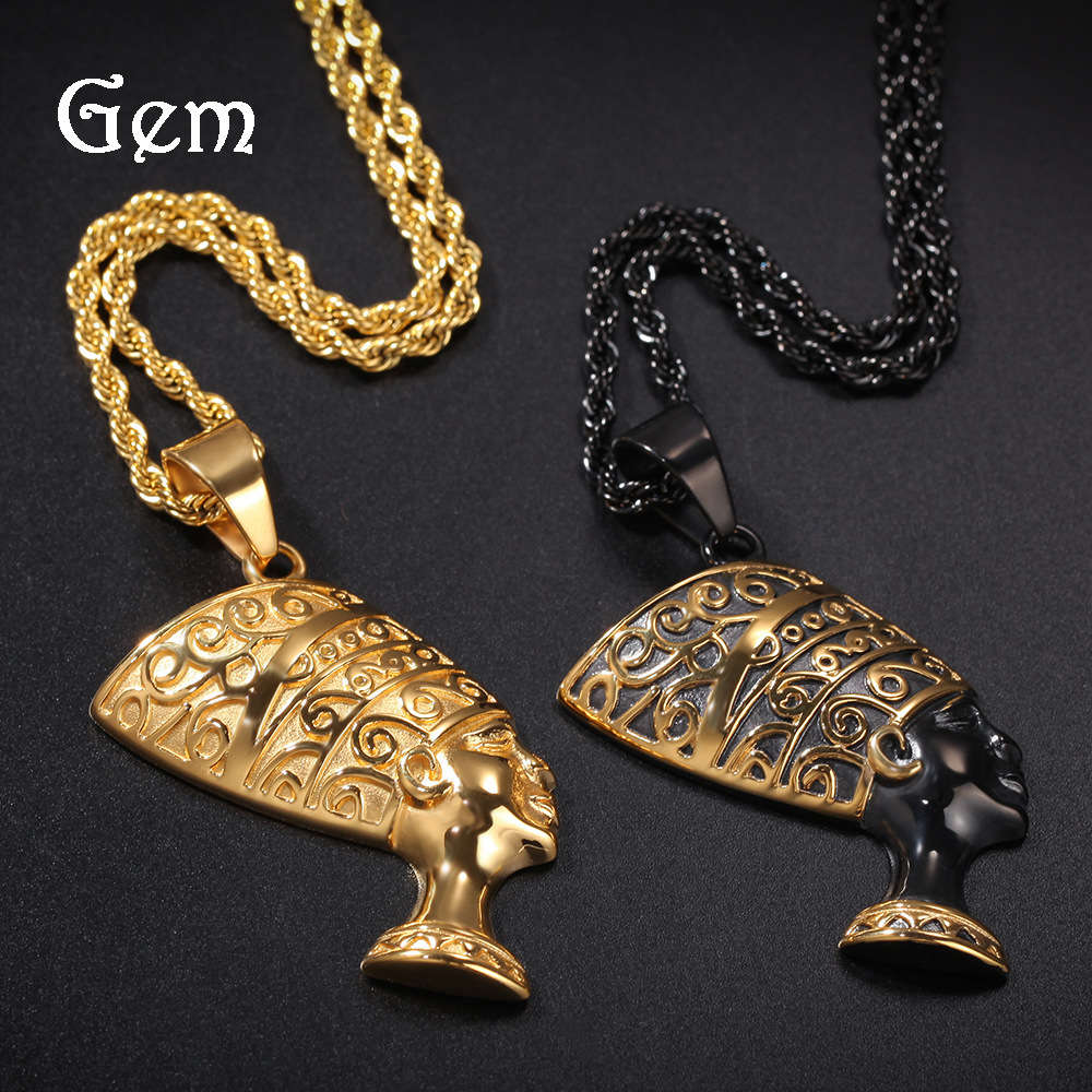 

Trendy Gold Black Cleopatra Pendant Stainless Steel Necklace popular hip hop jewelry for students