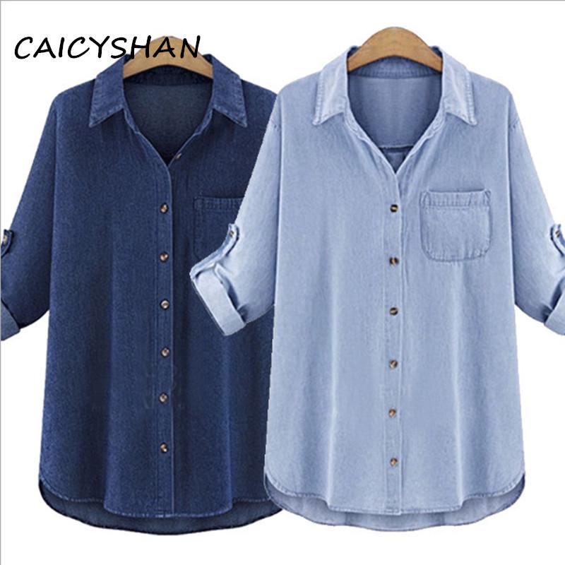 

Women's Blouses & Shirts Spring Autumn Women Shirt Plus Size Casual Loose Turn-Down Collar Solid Long Sleeve Jeans For Large Denim Blouse, Deep blue