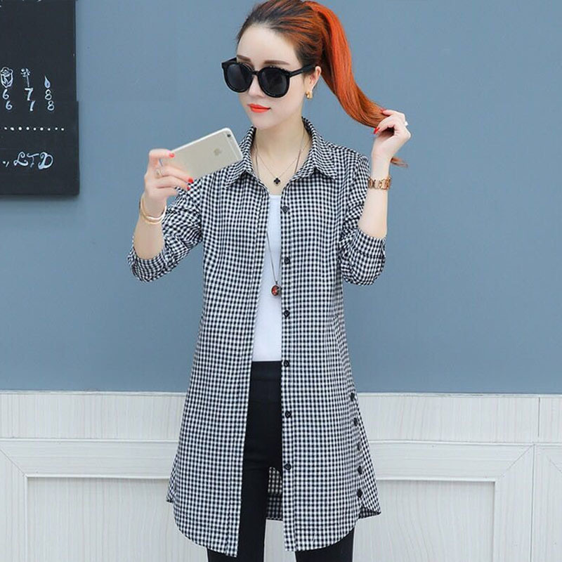 New Women Spring Autumn Cotton Blouses Lady Mid-Long Casual Long Sleeve Blouse Shirt Turn-Down Collar Plaid Blusas Tops DF3334 210225Z