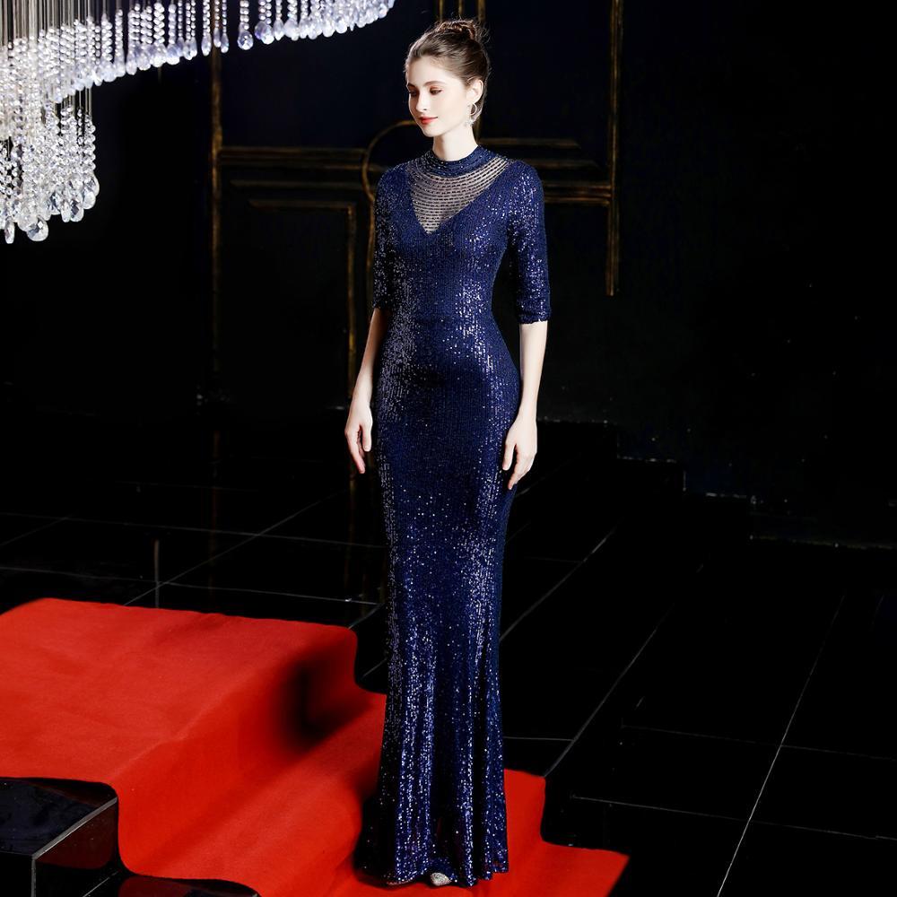 

2021 New Luxury Sequined Women See Through Evening O-neck Half Sleeve Mermaid Party Gowns Sexy Robe Femme Elegant Formal Es Sbs1, Silver