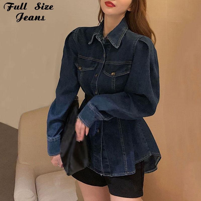 

Women's Jackets Plus Size Vintage Puff Sleeve Jeans Jacket 4XL Fall Spring Streetwear Retro Peplum Dark Blue Denim Coat Y2K Jean