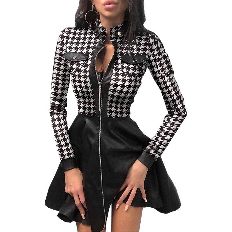 

2021 New Autumn A-line Pocket Houndstooth Women's Lace Splicing Print Zip-up Pu Casual Long Sleeve Slim High Waist Z3rg, Wd653bl