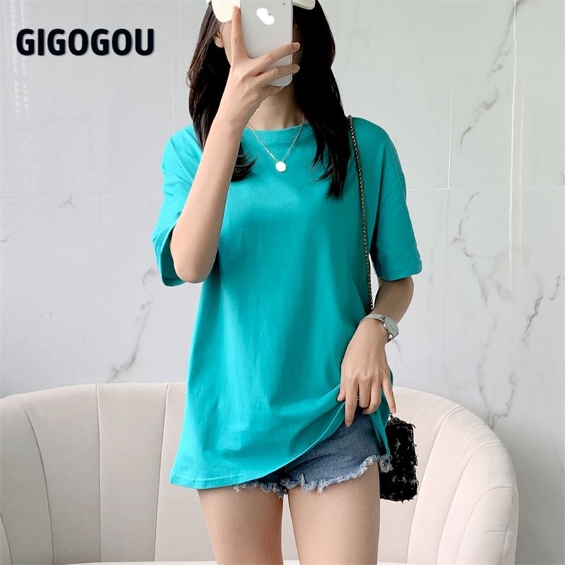 

GIGOGOU Women Black White Tshirts Lady Solid Cotton Tees Short Sleeve T shirts Female Summer Tops for Woman Ropa De Mujer 210708, White 889-10