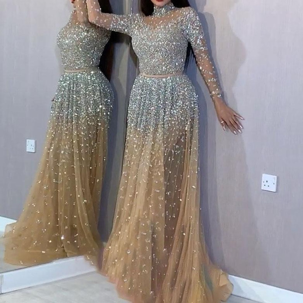 2021 Sexy Hunter Or Robes De Bal Col Haut Trou De Serrure Paillettes Dentelle Sans Manches Sirène Paillettes Balayage Train Plus La Taille Longue