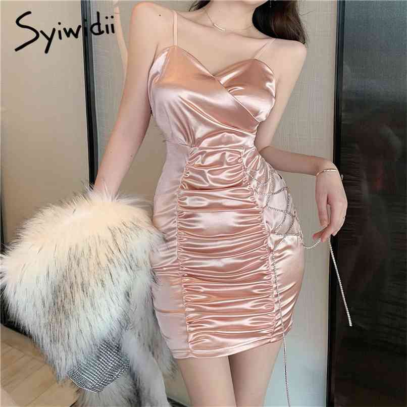 

Bodycon Dress For Women Satin Mini Sexy Summer Spaghetti Strap A-Line Solid Pink Bandage Korean Style V-Neck Folds 210607