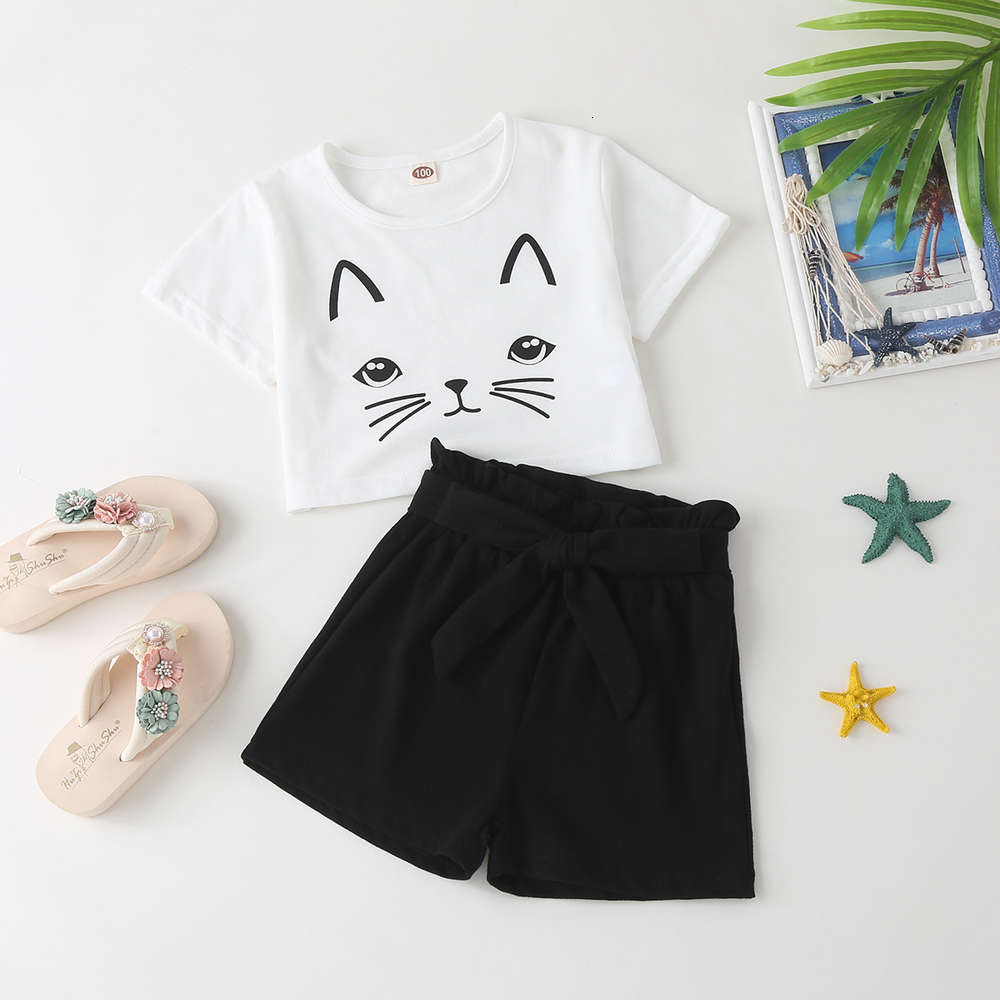 

Boys and girls suits Girls' summer wear children's foreign style baby cartoon cat short sleeve + shorts two piece set, White