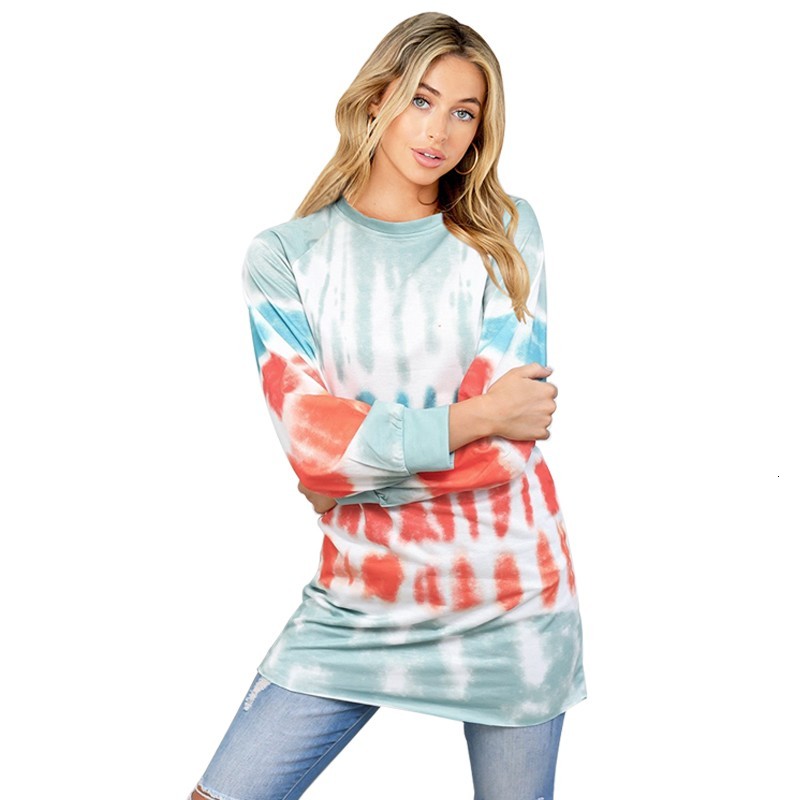

2021 New Autumn Tie Dye t for Women O-neck Long Sleeve Plus Size Fashions T-shirt Casual Vintage Tee Shirt Femme Yctm, Pink