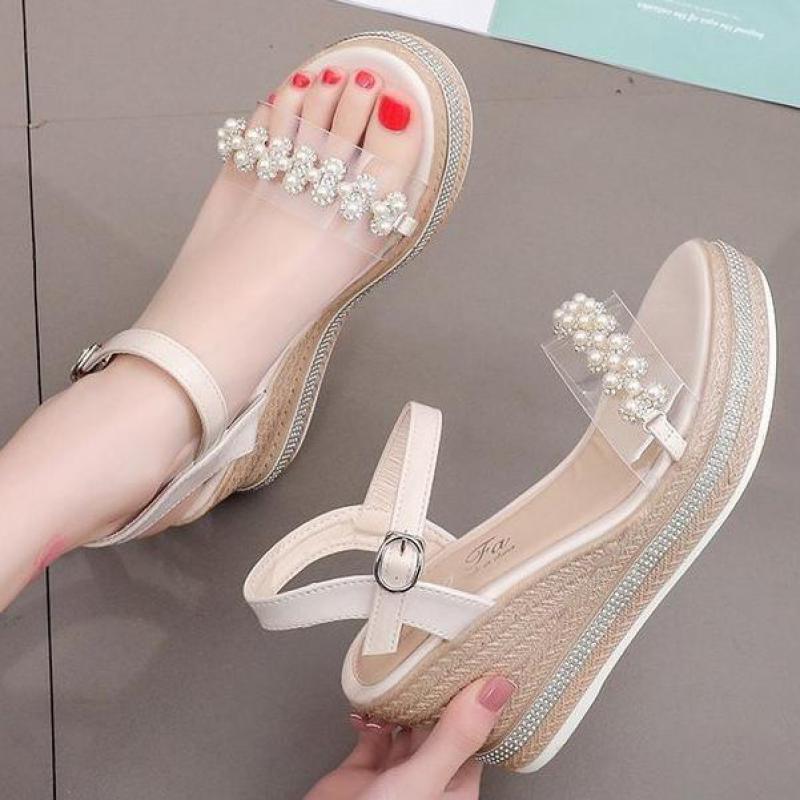 

Sandals 2021 Summer Fashion Cute High Heels Ladies Shoes Lace-up Bow Diamond Design Beach, Black