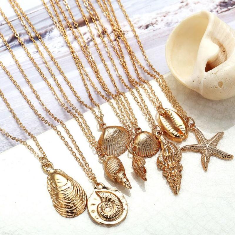 

Pendant Necklaces Sea Fashion Conch Shell Starfish Necklace 2021 Gold Color Retro Marine Life Choker Beach Jewelry For Women