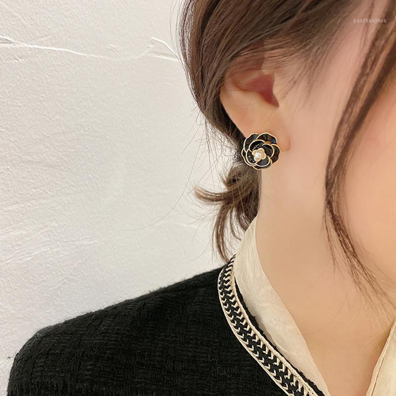 

Stud French Camellia Earrings For Women Left And Right Different Ear Studs Fashion Retro Black White 2022 Trend, Golden;silver