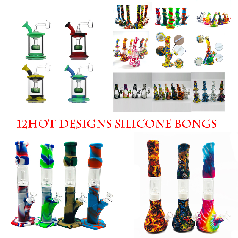 

5.9" Assemble Silicone Bong Glass Shower Head percolator Easy clean Dab Rigs with 4mm quartz banger silicone pipe mini glass bongs