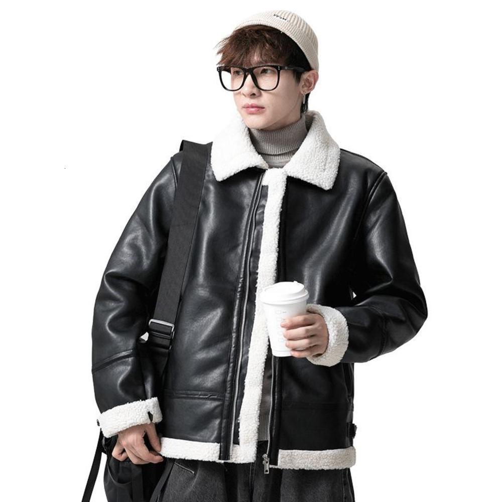 

New Autumn Winter faux Men's PU Leather Jacket Lapel Add Lamb Wool Zipper Thick Warm Wind Proof Vintage Locomotive Male Coat men fur, Black