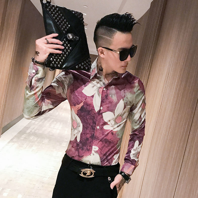 

2021 New Spring Flower Men's Slim Fashion Casual Long-sleeved Men Shirt British Style Society Mens Shirts M-3xl Ywob, Red