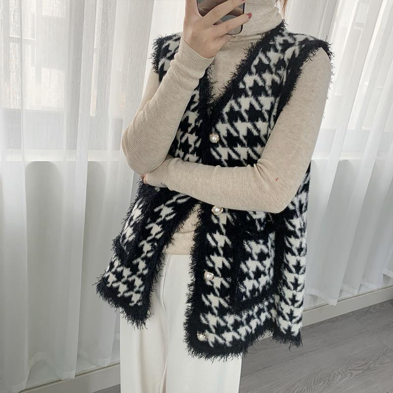 

Women's Vests Houndstooth Vest Coat, Loose And Thick Mink Velvet Knitted For Women In Autumn Winter, The Tide Outside., Black;white