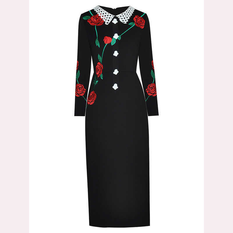 

HIGH QUALITY est Fashion Lapel Long Sleeve Embroidered Flower Decorative Bag Hip Split Dress 210526, Blue