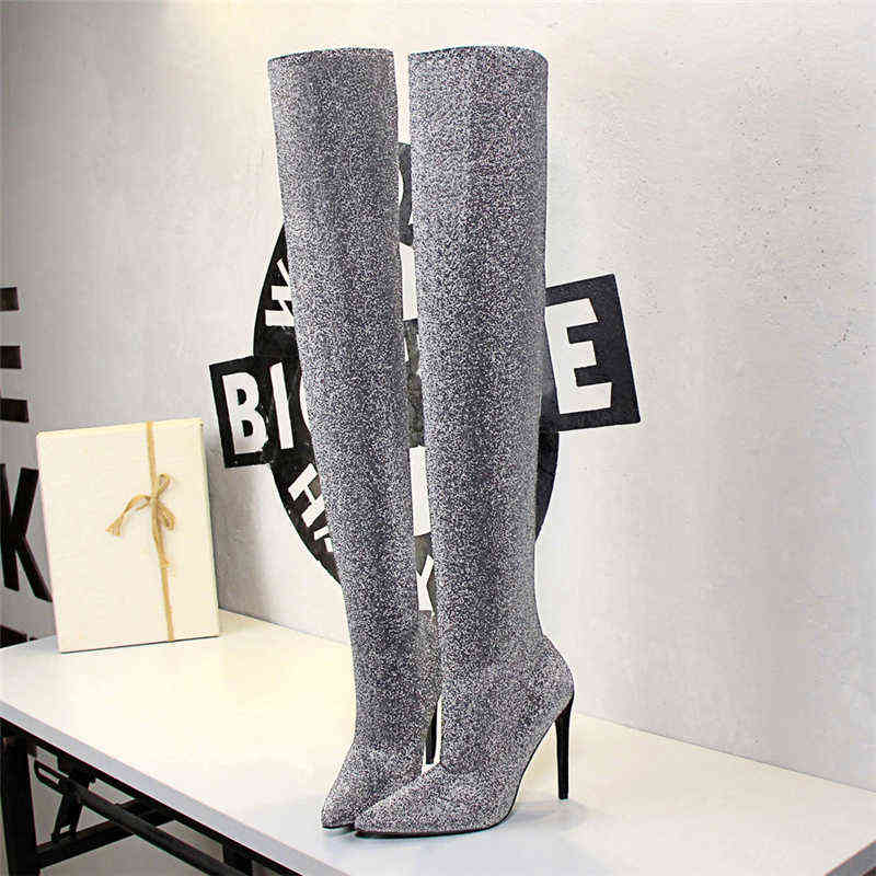 

2021 Sexy Women Glitter Over The Knee Boots 11.5cm High Heels Winter Long Thigh High Boots Stiletto Heels Long Boots Party Shoes G1112, Gray