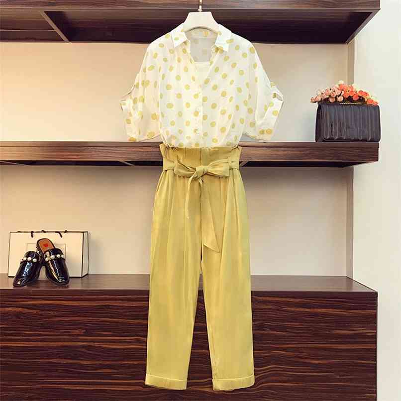 

Plus Size -4XL Yellow 2 piece Pants Set Women Summer Dot Printing Lapel Single-breasted Shirt and Sashes Ruched Suits 210602