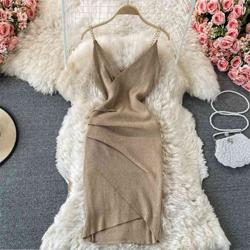 

Sexy Chain Strap Knit Bodycon Dress Solid V-neck Sleeveless Summer Women Slim Backless Irregular Club Party Vestidos 210603, Khaki