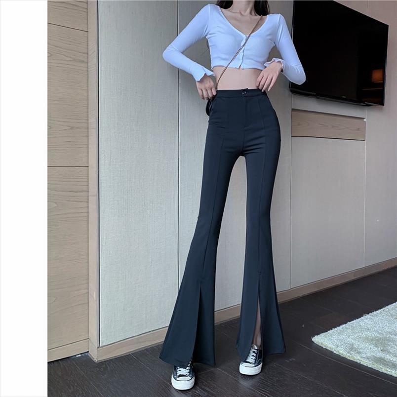 

Quarter Elastic Waist Solid Flare Womens Capri Stretchy Bell Bottom Black Split Suit Trousers Arrival Clothing, Black;white
