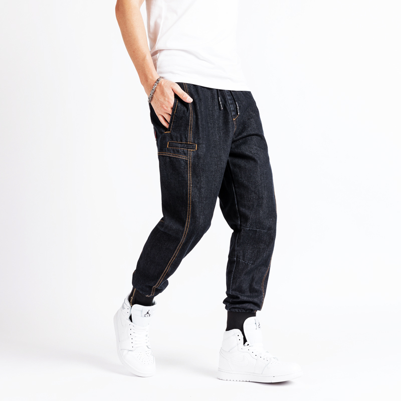 

2021 New Estilo Japons Moda Homens Do Vintage Preto Spliced Hip Hop Harem Slack Corredores Fundo Calas De Brim Dos Bkgk, Vintage black