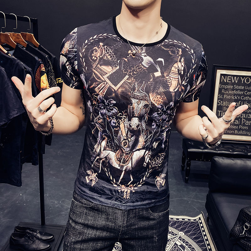 

New Luxury Animal Printing Short Tide 2021 Summer Korean Black Gold Horse Men Tshirt Social Club Outfits Tee Shirt Homme 5g0i, Picture color