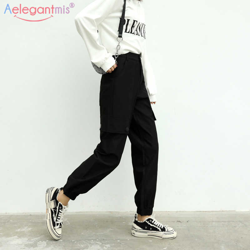 

Aelegantmis Casual Pockets Cargo Pants Women Joggers Black High Waist Loose Female Trousers Hip Hop Korean Style Ladies 210607