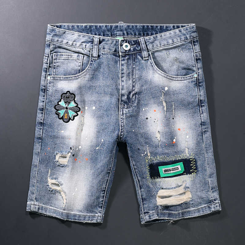 

Summer Ly Fashion Men Jeans Shorts Retro Blue Patches Designer Destroyed Ripped Denim Hip Hop Short Homme 2CQL