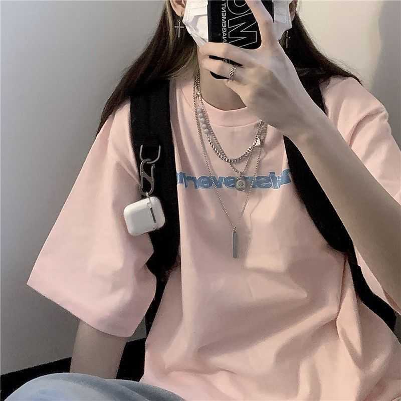 

Light pink all-match T-shirt summer Harajuku BF Hong Kong style short-sleeved women's trend letter printing oversize tops 210526