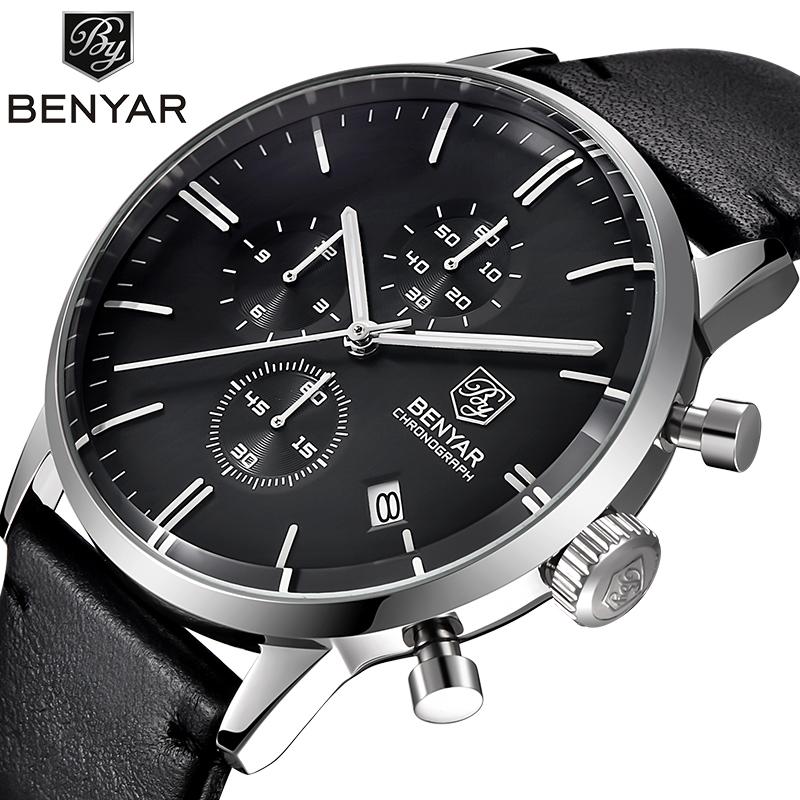 

Wristwatches Benyar Quartz Men's Watches Bussiness Fashion Watch Men Top Leather Clock Man Sport Chronograph Reloj Hombre, Silver black