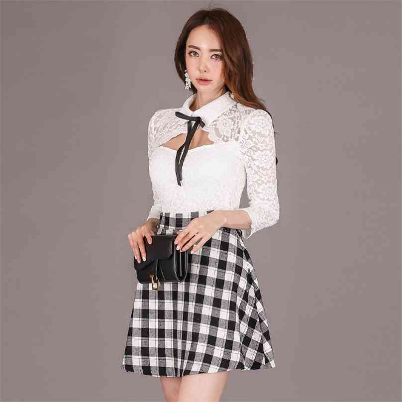 

patchwork Sexy mini korean ladies white long Sleeve lace Plaid nightclub Party Dress for women china clothing 210602, The picture color
