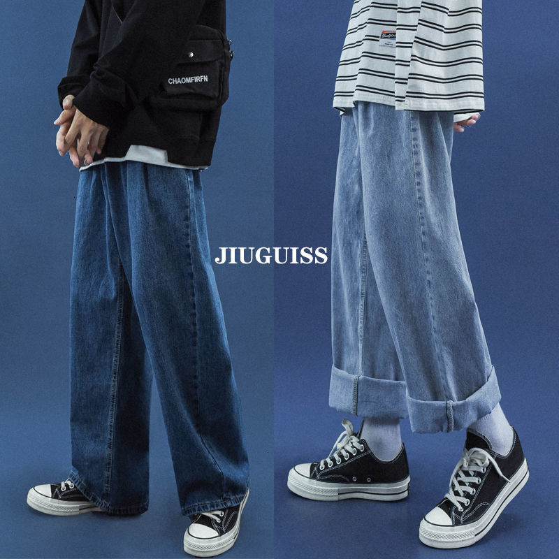 

2021 New Korean Wide-leg Men' Fashion Casual Retro Blue Jeans Men Streetwear Loose Hip-hop Straight Denim Pants Mens -xl 06ni, Navy blue