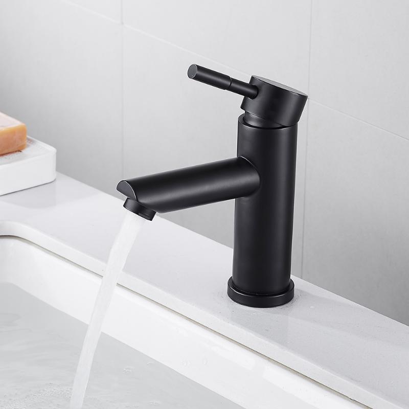 

Bathroom Sink Faucets Basin Faucet Stainless Steel Black Paint Cold Mixer Tap Single Hole Deck Mounted Waterfall