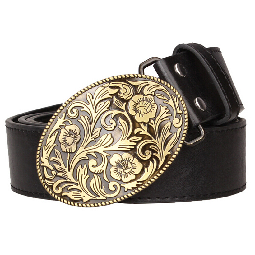 

2021 New Fashion Retro Arabesque Pattern Flower Design Golden Buckle Arabian Style Belts Men Cowboy Bull Belt Women's Gift Wrt6, Black
