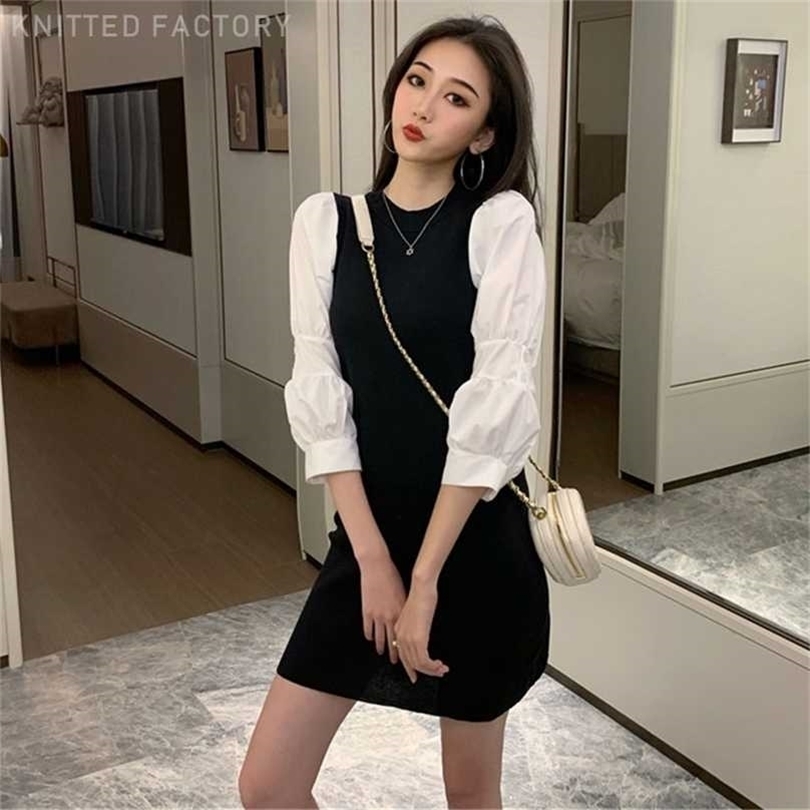 

Trend Colorblock Long Sleeve Elegant Vintage Pencil Mini Dress Sweet Women Casual Puff Pullover Robe Sweater Dresses 211109, Black