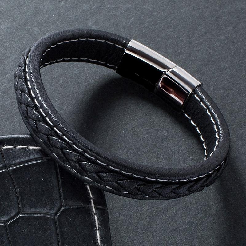 

Cuff 2021 Black Leather Bracelet Men Stainless Steel Clasp Multilayer Braid Rope Chain Male Wrist Band Vintage Gift E728H