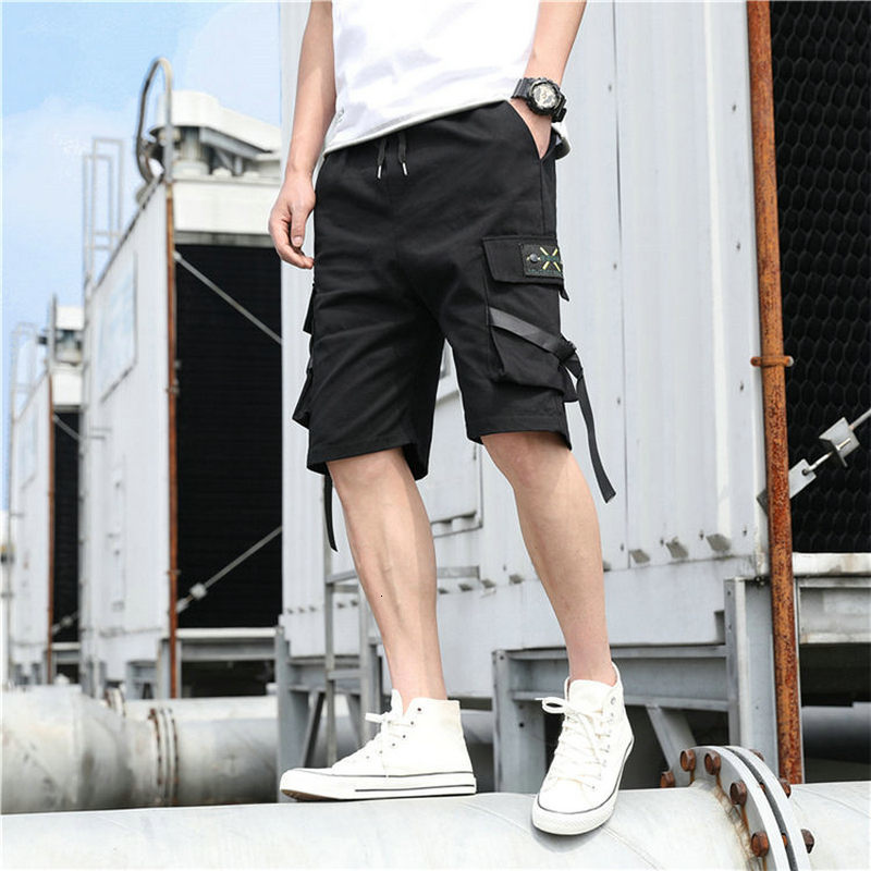 

New 2021 Casual Men Hip Hop Streetwear Elastic Shorts Waist at Height of the Knee Short Ribbon Pants Summer Men' 5hoy, Black