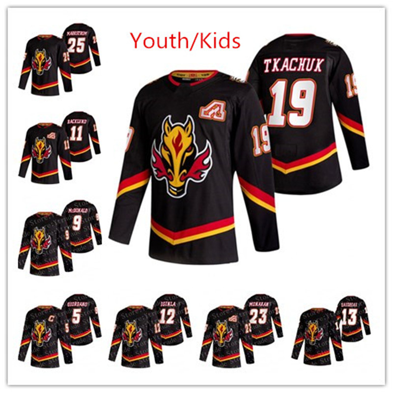 

Youth Matthew Tkachuk Calgary Flames 2021 Reverse Retro Jarome Iginla Johnny Gaudreau Jacob Markstrom Monahan Lindholm Kids Giordano Jerseys, Black;red