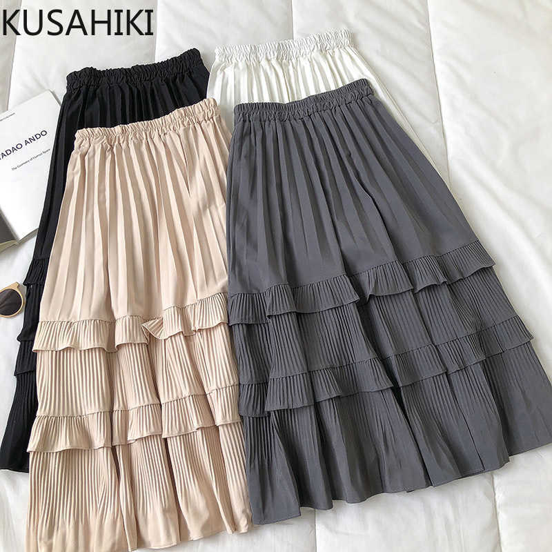 

KUSAHIKI Korean Layered-ruffle Pleated Skirts Causal High Waist A-line Women Skirt Spring Elegant Faldas Mujer Moda 6F261 210602, White